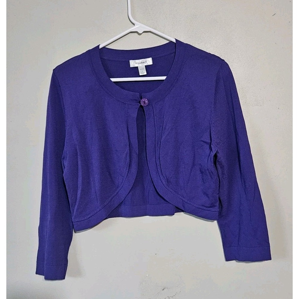 💜Dress Barn Petite Womens Shrug Sweater Size L Purple One Button Cropped🩵